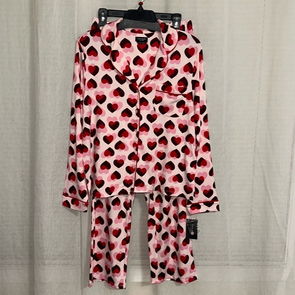 kate spade Pink Red Burgundy Overlapping Hearts Notch Collar Long Sleeve Pant PJ
